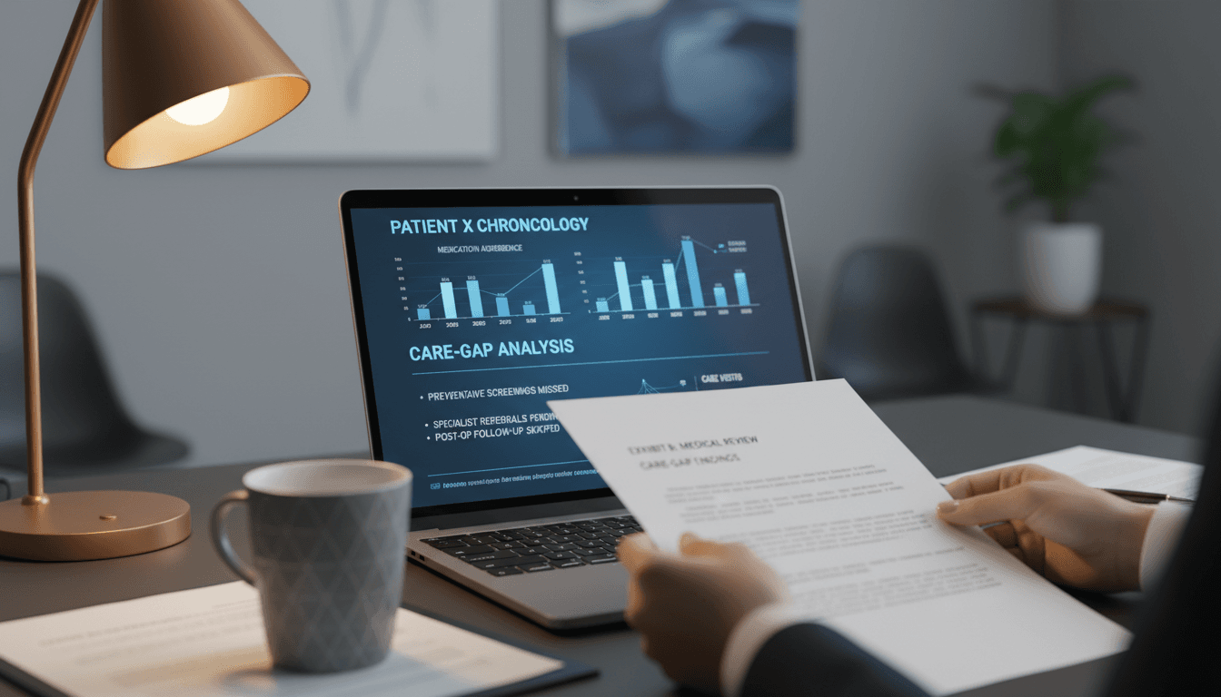 ChronoLex medical record analysis interface displayed on a laptop in a professional law office setting