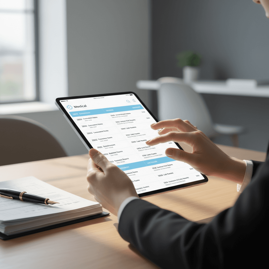 Lawyer reviewing medical records on tablet with organized data interface