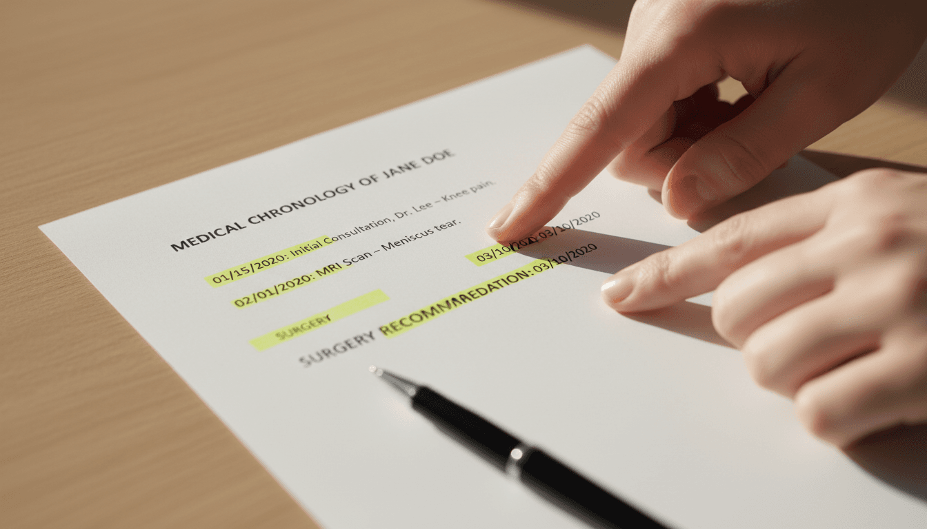 Medical chronology document with highlighted key dates and entries