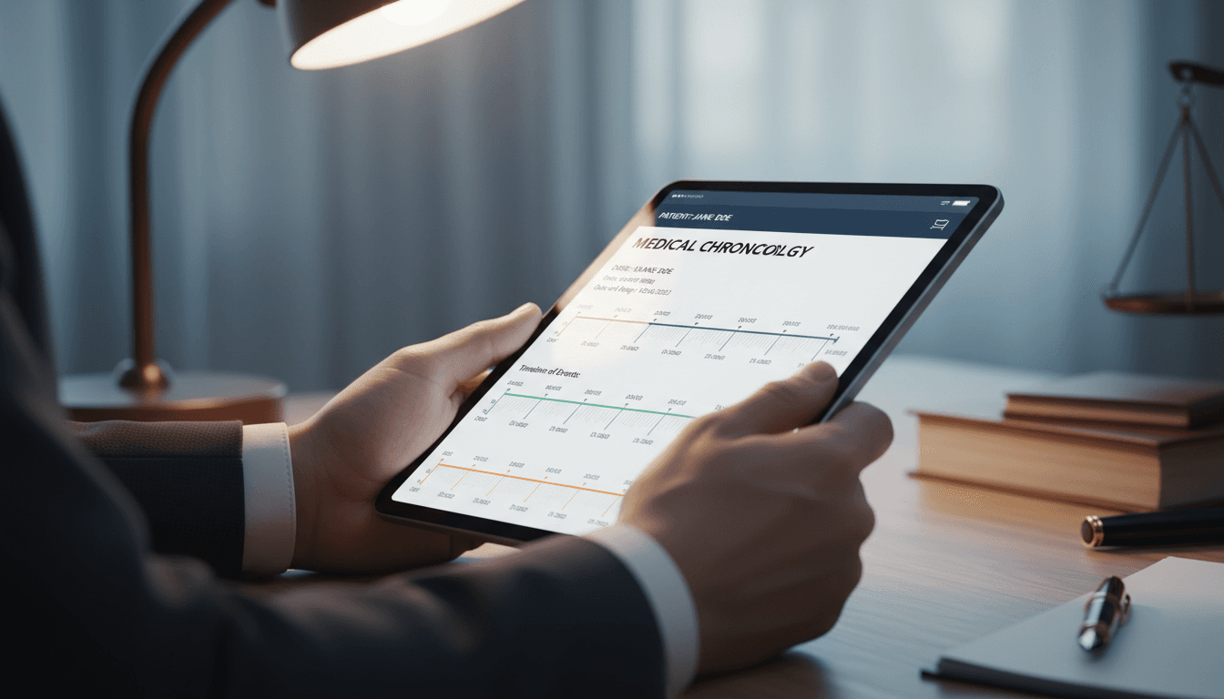 Lawyer reviewing medical chronology on tablet