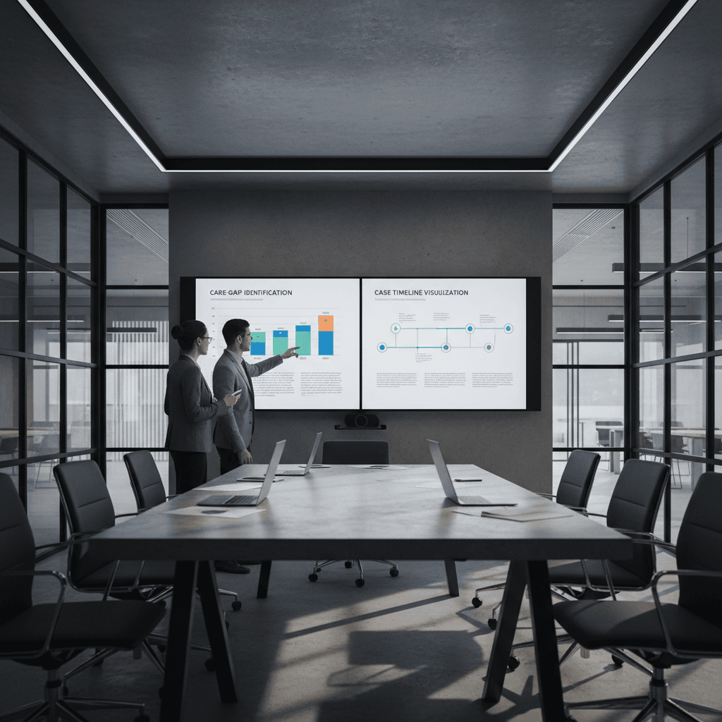 Legal team analyzing care-gap data on conference room display