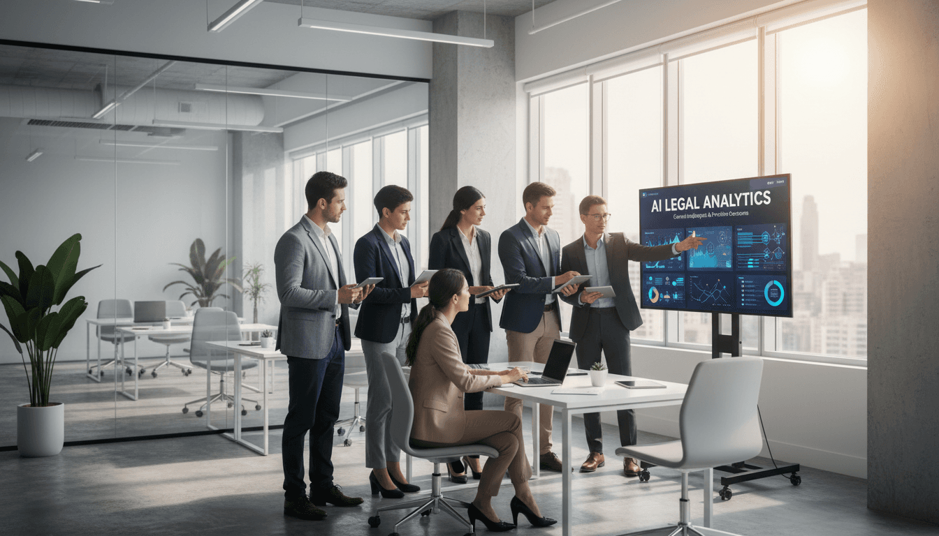 Diverse tech team using smart display with AI analytics in a modern office with natural light.