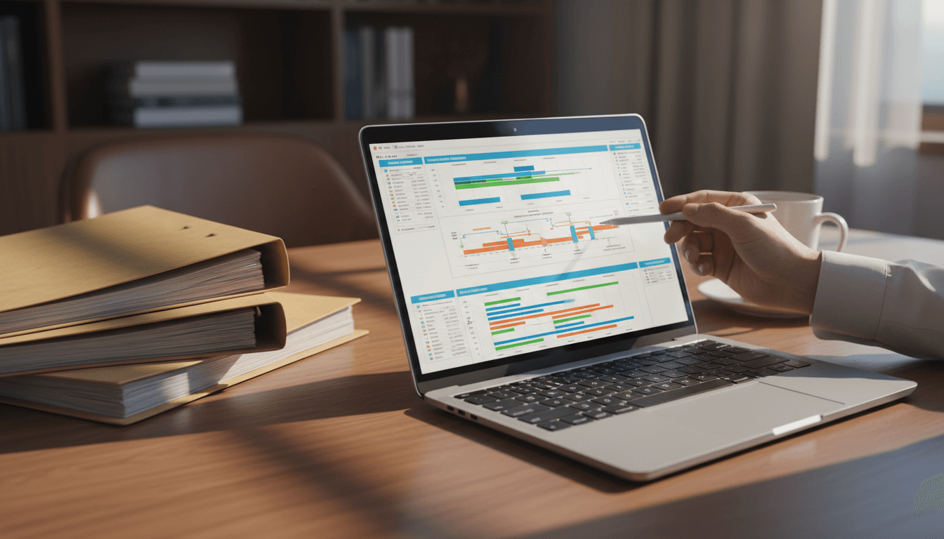 Attorney reviewing organized medical chronology data on laptop at professional desk
