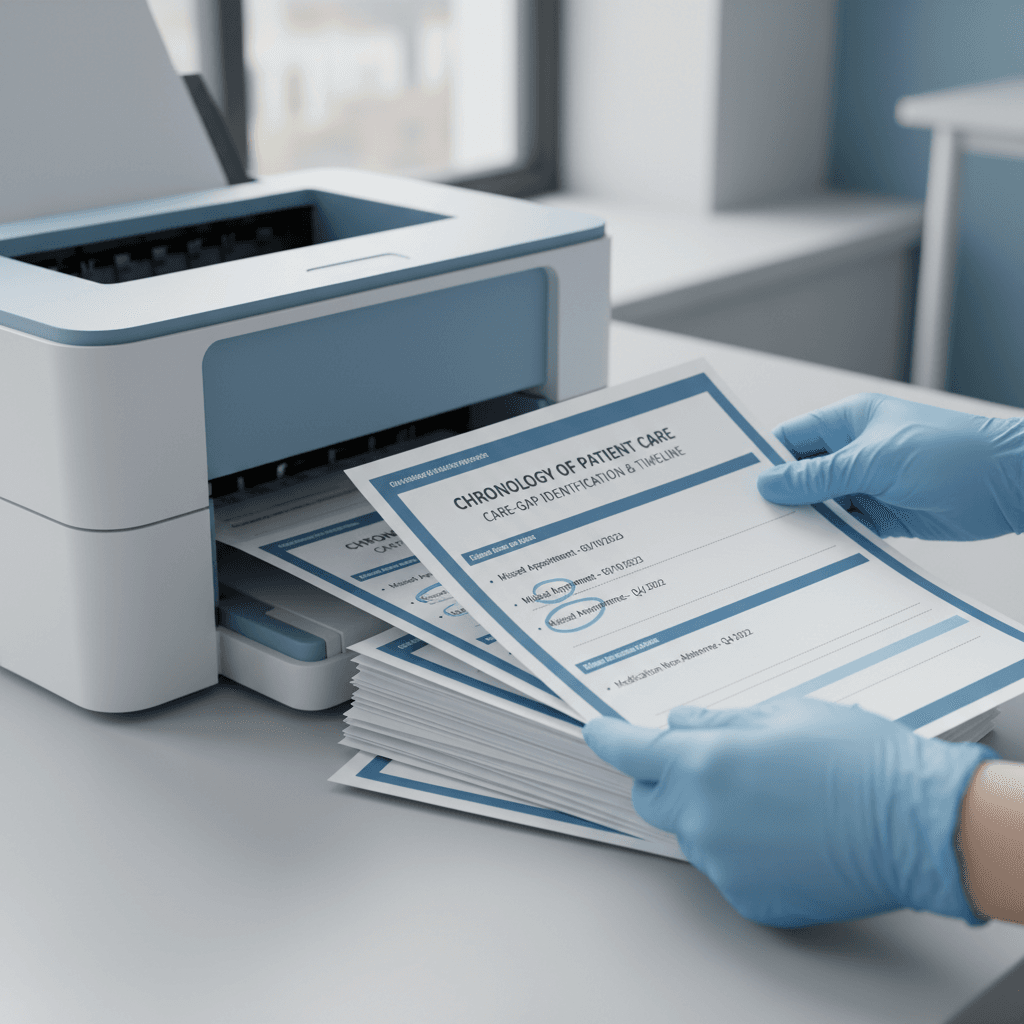 Organized medical-legal analysis reports printed and prepared for case review