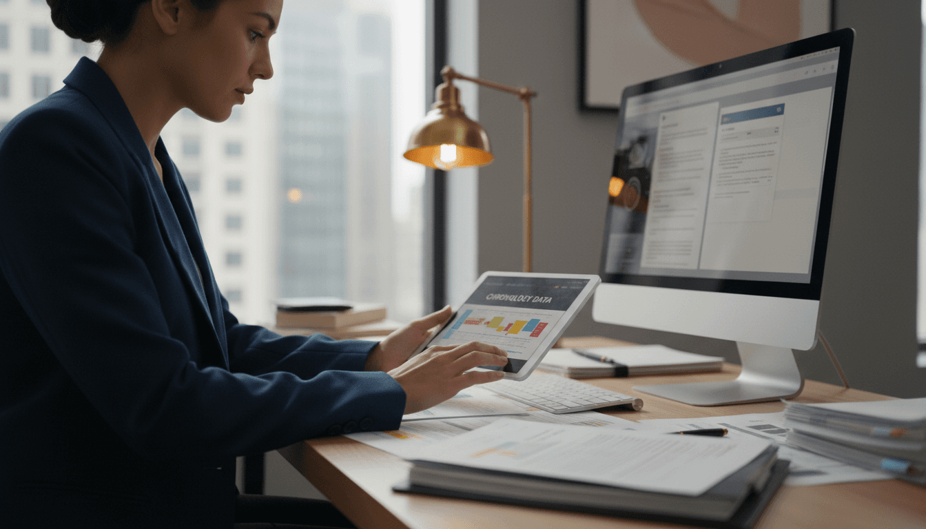 Legal professional reviewing AI-powered medical chronology data on multiple screens in a modern office
