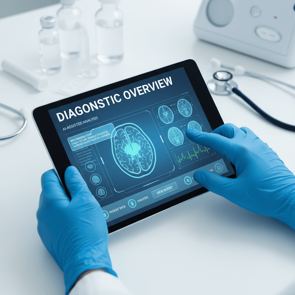 Healthcare provider's hands using tablet displaying AI diagnostic interface with medical imaging and patient scan analysis